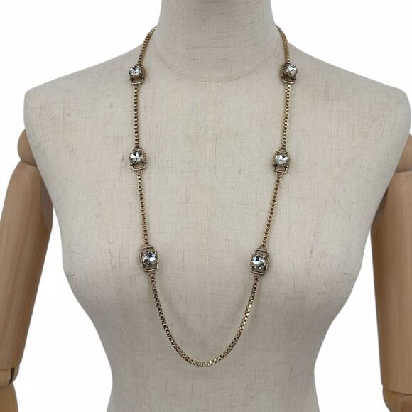 Ann Taylor Long Necklace Gold Tone Box Chain and Clear Rhinestone Statement - Picture 1 of 7